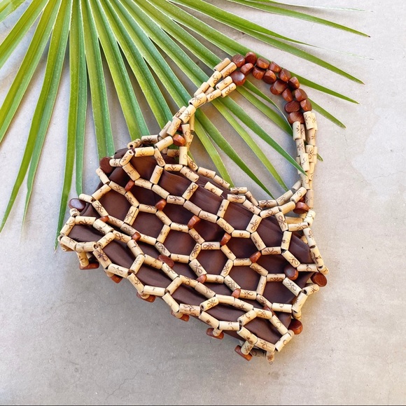 Tan & Brown Beaded Summer Handbag - Picture 4 of 6